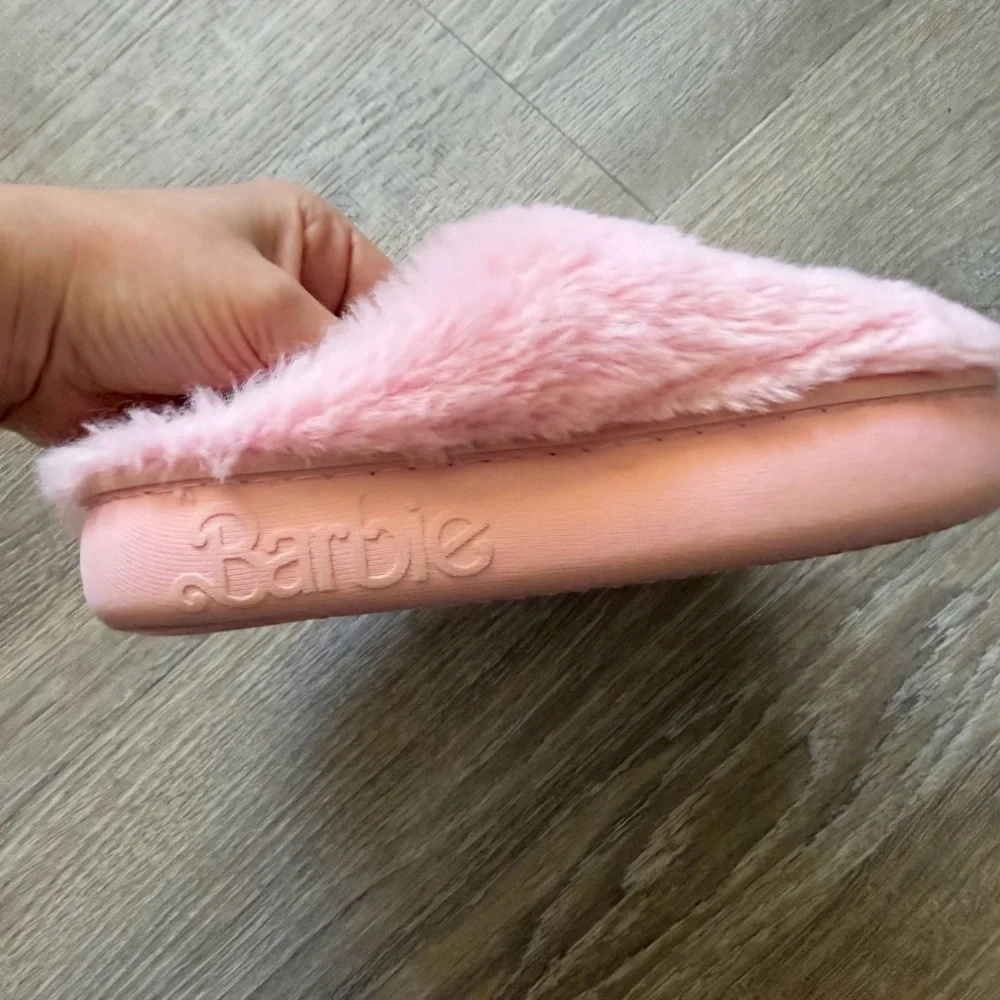 Barbie Pink Furry Heart Slippers - Kids Size 11/12